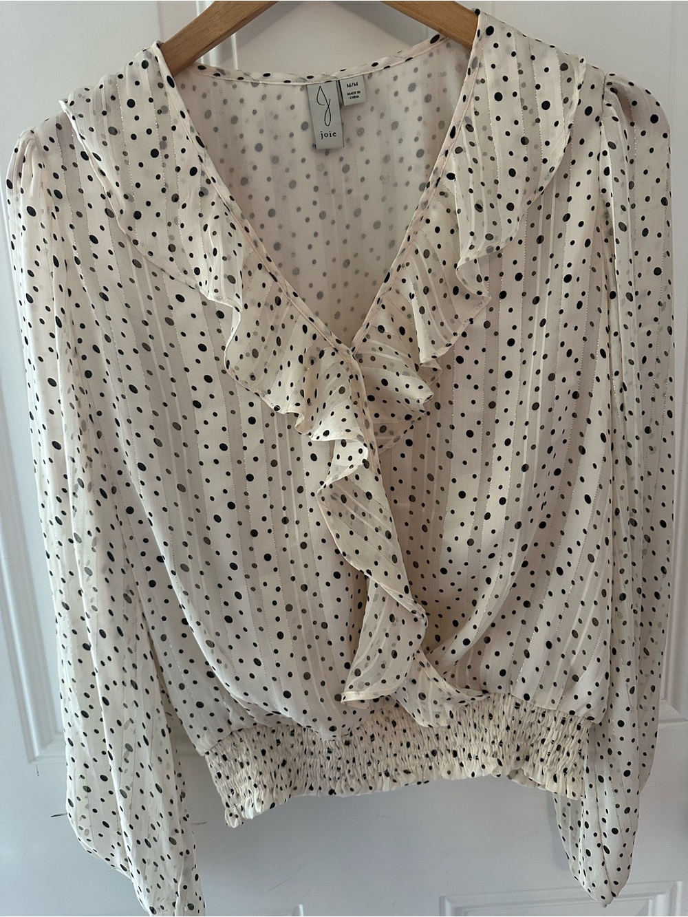 Joie Cream and Black Polka Dot Ruffle Wrap Blouse